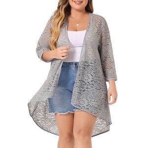 Plus Size Kimono 3/4 Sleeve Open Front Sheer High Low Cardigans Gray